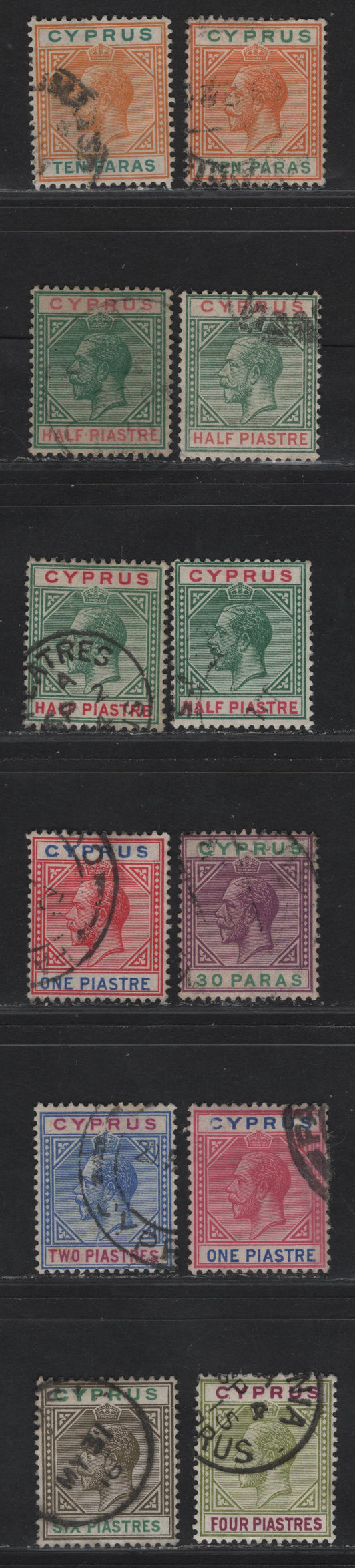 Lot 75 Cyprus SG#74,c, 75,b, 76-77b, 79-80 10pi - 6pi Orange & Green - Sepia & Green King George V, 1912-1915 KGV Keyplates, 12 Fine/Very Fine Used Singles, Multiple Crown CA Wmk, Includes Both Listed Shades Of The 10pa, 1/2pi and 1pi