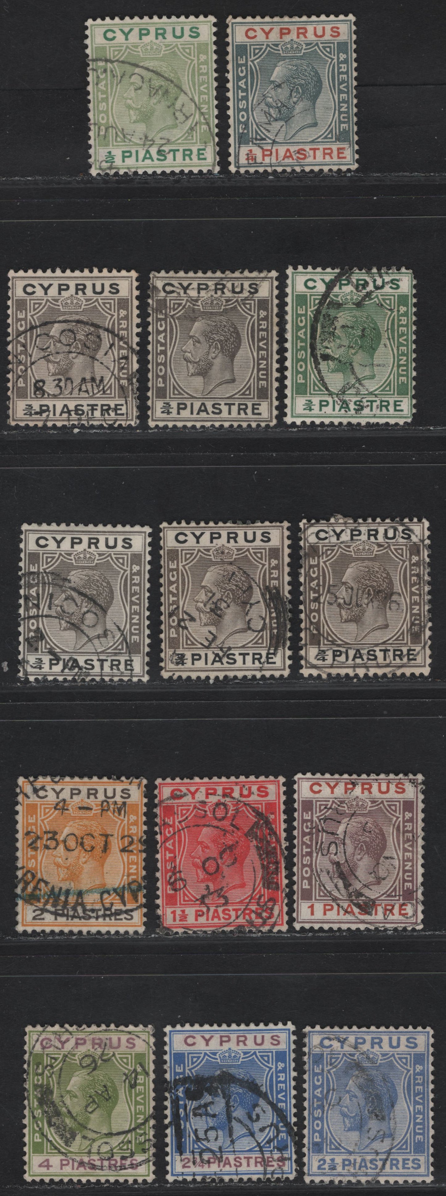 Lot 78 (C) Cyprus SG#103, 105-106, 109-110, 118-122 1/4pa - 4pi Gray & Chestnut - Sage Green & Purple King George V, 1923-1924 KGV Keyplates, 13 Fine/Very Fine Used Singles, script CA WMk, Many Extra Shades Of 3/4pi Brownish Gray & Black