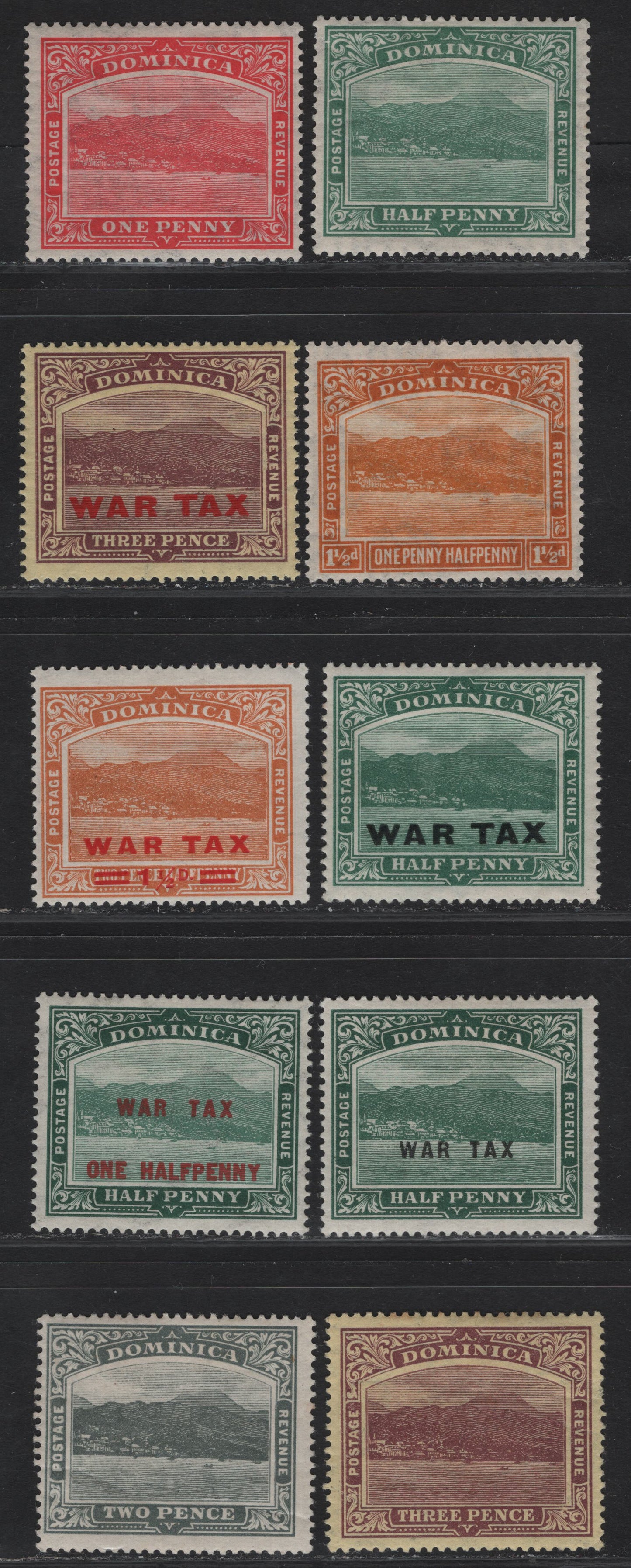 Lot 79 Dominica SG#49b, 51a, 55-59, 62-64 2d - 1.5d Slate - Orange Rouseau View, 1918-1922 Roseau View Keyplates, 10 F/VFOG Singles, War Tax Overprints, Multiple Crown CA & script CA Wmks