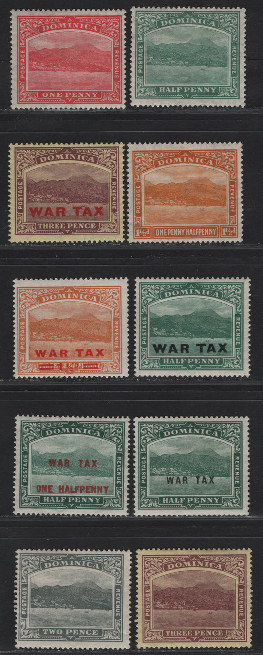 Lot 79 Dominica SG#49b, 51a, 55-59, 62-64 2d - 1.5d Slate - Orange Rouseau View, 1918-1922 Roseau View Keyplates, 10 F/VFOG Singles, War Tax Overprints, Multiple Crown CA & script CA Wmks