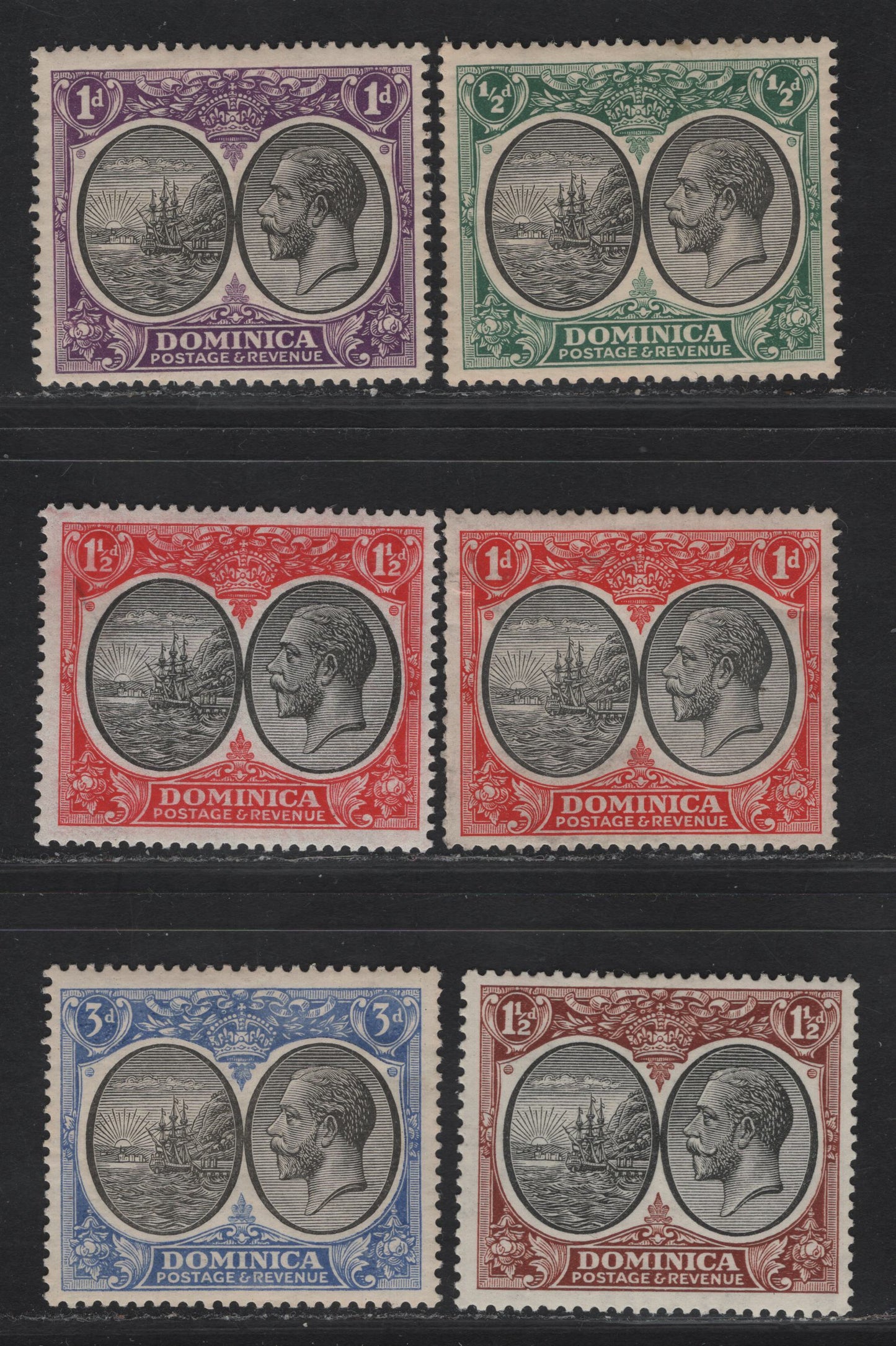 Lot 80 Dominica SG#71-75, 79 1/2d - 3d Black & Green - Black & Ultramarine King George V, 1923-1933 KGV Colonial Badge Keyplates, 6 VG/F/VFOG Singles, 1d Carmine & Black With Internal Crease & Short Perfs