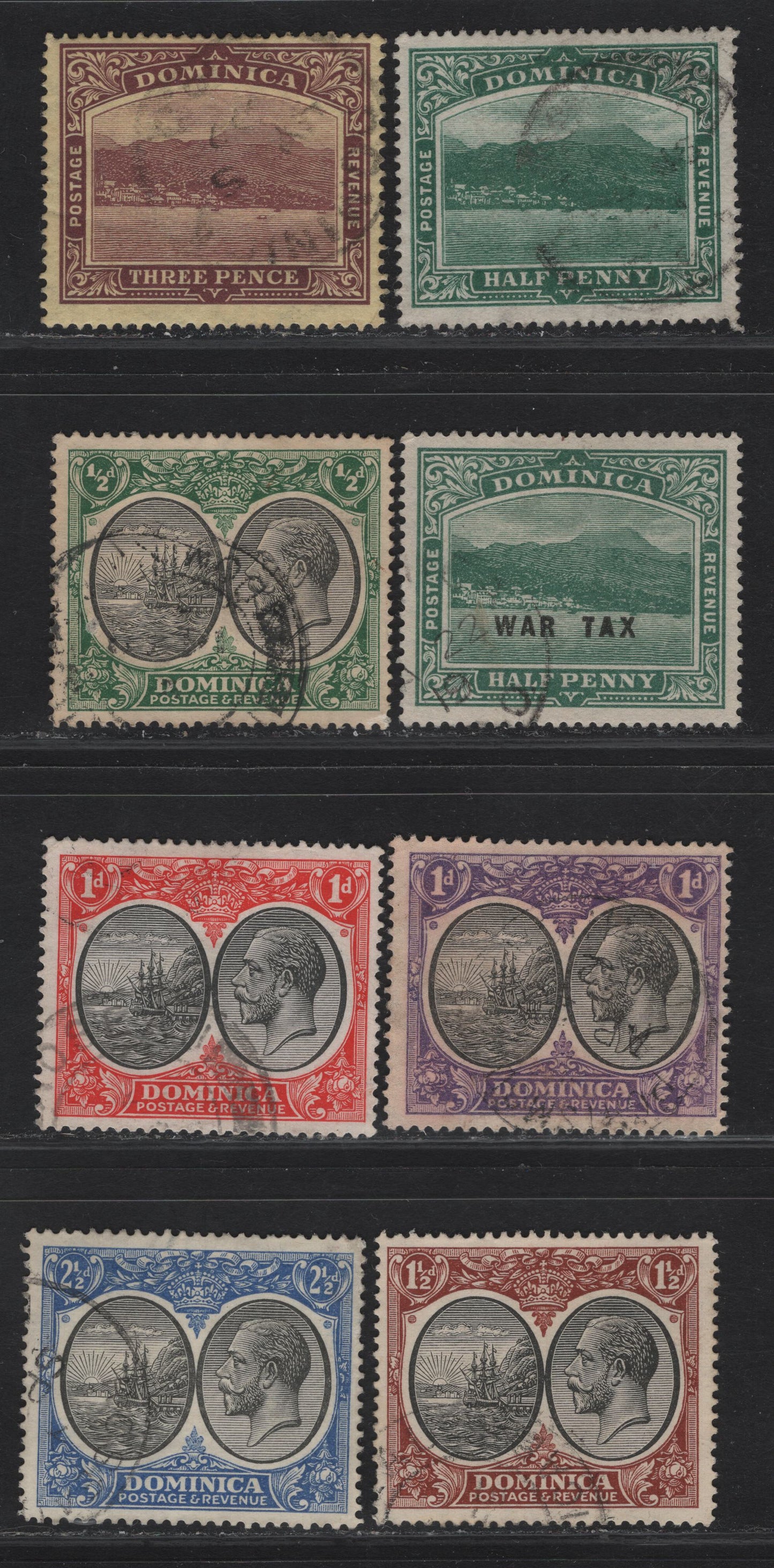 Lot 81 Dominica SG#47b, 51a,b, 71-73, 75, 78 1/2d - 2.5d Deep Green - Black & Ultramarine King George V, 1916-1933 KGV Colonial Badge - Roseau View Keyplates, 8 Fine/Very Fine Used Singles