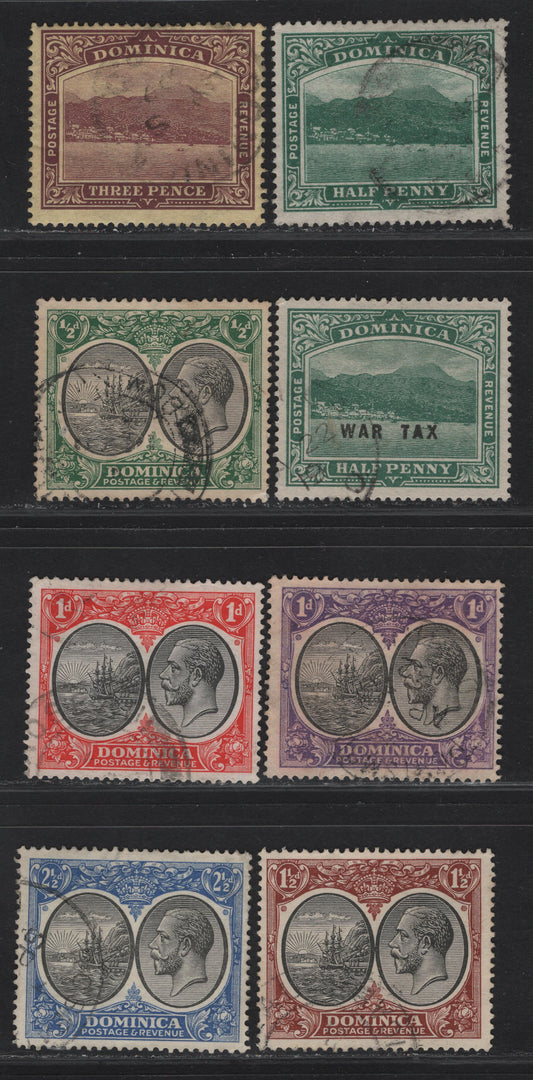 Lot 81 Dominica SG#47b, 51a,b, 71-73, 75, 78 1/2d - 2.5d Deep Green - Black & Ultramarine King George V, 1916-1933 KGV Colonial Badge - Roseau View Keyplates, 8 Fine/Very Fine Used Singles