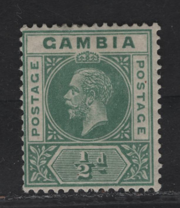 Lot 82 Gambia SG#108x 1/2d Dull Green King George V, 1921-1922 KGV Keyplates, A FOG Single, Reversed script CA Wmk, Rare - Likely Only 1 or 2 Sheets Of 60 Existed