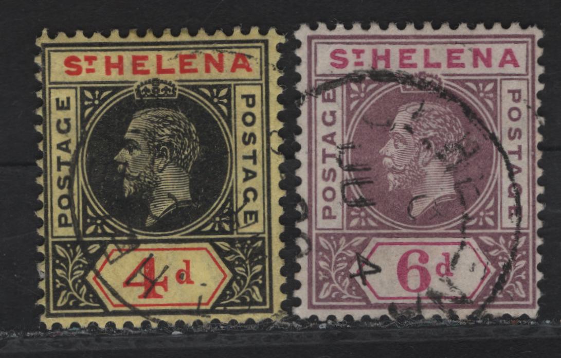 Lot 83 (C) St Helena SG#85-86 4d - 6d Black & Red - Dull& Deep Purple King George V, 1913 KGV Keyplates, 2 Fine/Very Fine Used Singles, Multiple Crown CA Wmk