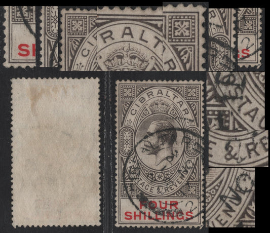 Lot 85 (C) Gibraltar SG#83 4/- Gray Black & Carmine King George V, 1912-1924 KGV Keyplates, A Very Fine Used Single, Double Print of Entire Head Plate
