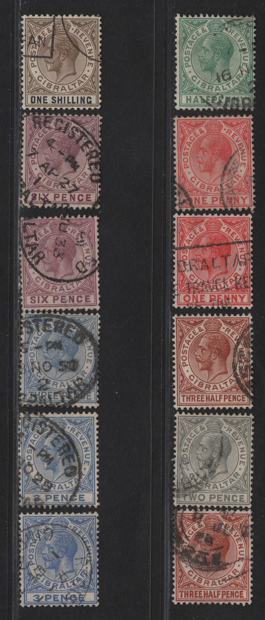 Lot 86 (C) Gibraltar SG#89-93, 95-a, 97, 102a, 109 1/2d -1/- Green - Olive & Black King George V, 1921-1932 KGV Keyplates, 10 Fine/Very Fine Used Singles, script CA Wmk
