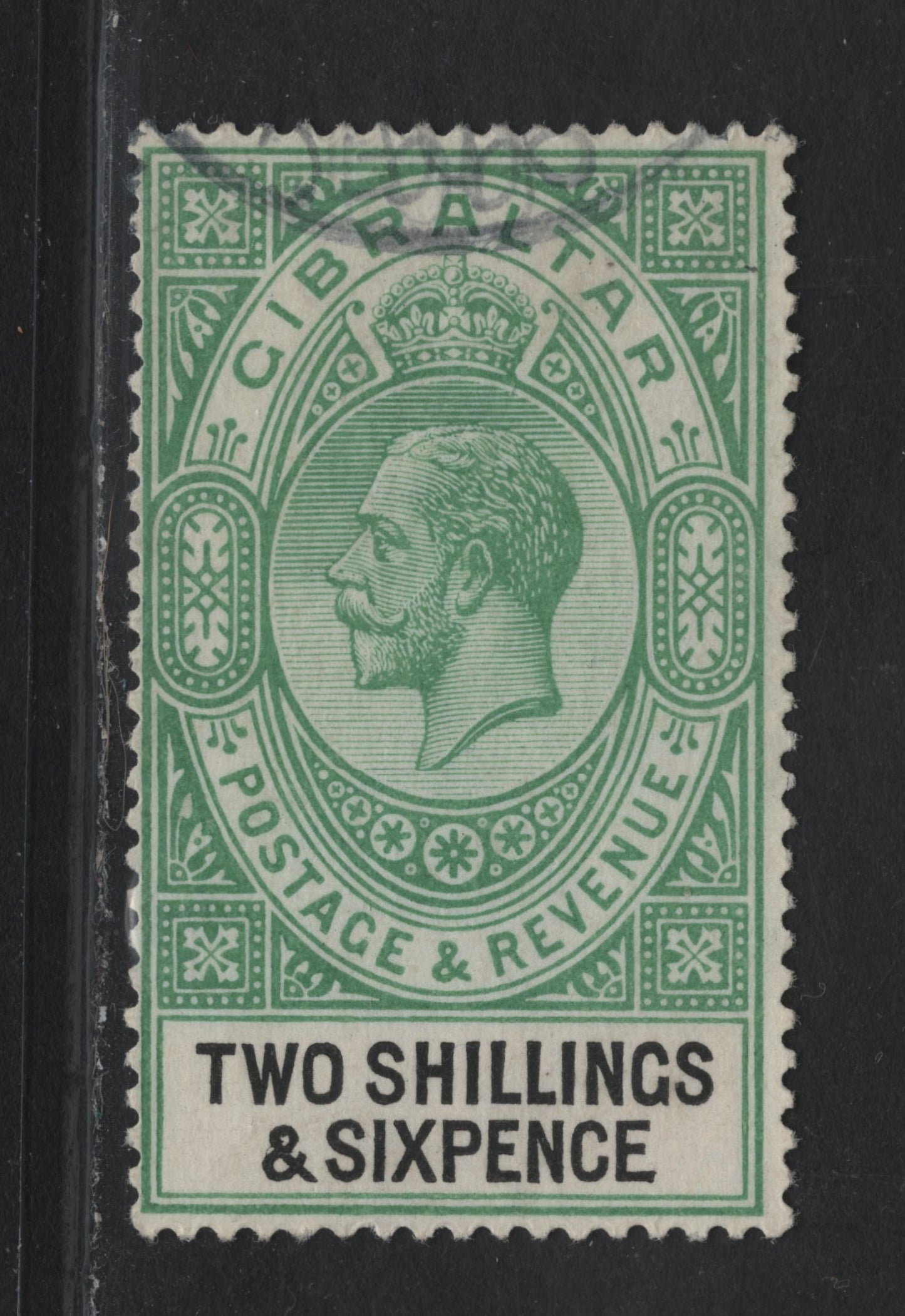 Lot 87 (C) Gibraltar SG#104 2/6d Green & Black King George V, 1925-1932 KGV Keyplates, A Fine Used Single, script CA Wmk
