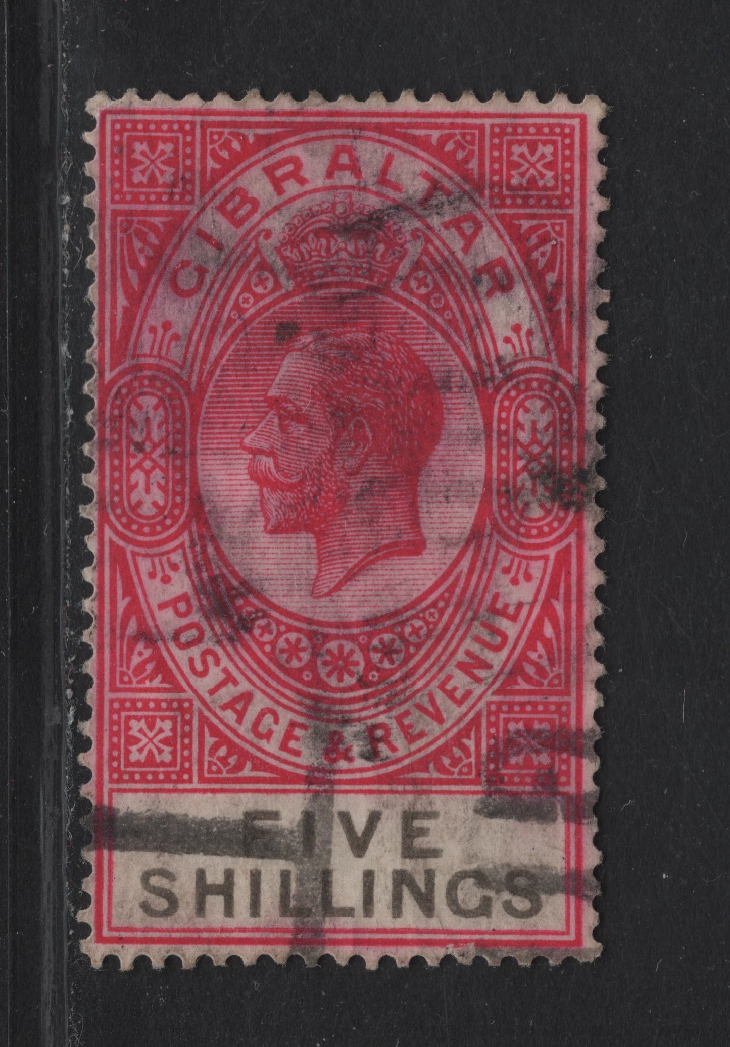 Lot 88 (C) Gibraltar SG#105 5/- Carmine & Black King George V, 1925-1932 KGV Keyplates, A Fine Used Single, script CA Wmk, Sound Used, But Moderate Parcel Cancel.