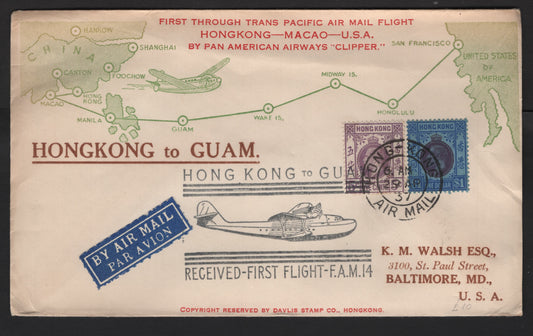 Lot 91 Hong Kong SG#121, 129 5c - $1 Violet - Purple & Blue on Blue King George V, 1921-1937 KGV Keyplate s, A Very Fine Used Cover, Franked With 2 Singles, April 29, 1937 First Flight Cover To Maltimore, MD via Guam, April 30 Guam Receiving Backstamp.