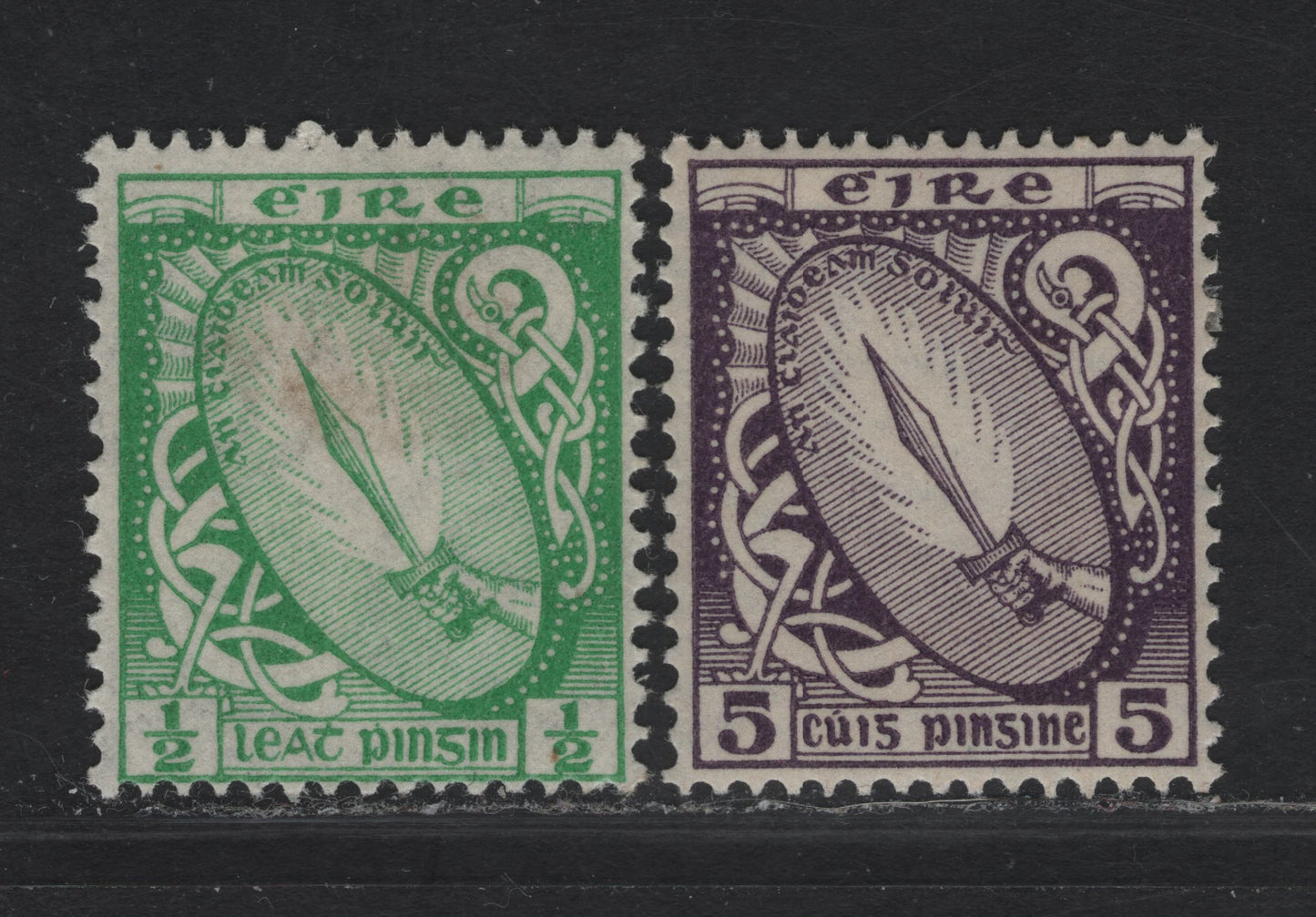Lot 92 Ireland SG#71, 78 1/2d - 5d Emerald - Deep Violet Sword of Light, Maps, Cross & Arms, 1922-1934 Sword of Light, Maps, Cross & Arms Keyplates, 2 F/VFOG Singles, Multiple SE Monogram Wmk