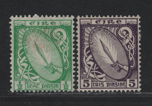 Lot 92 Ireland SG#71, 78 1/2d - 5d Emerald - Deep Violet Sword of Light, Maps, Cross & Arms, 1922-1934 Sword of Light, Maps, Cross & Arms Keyplates, 2 F/VFOG Singles, Multiple SE Monogram Wmk