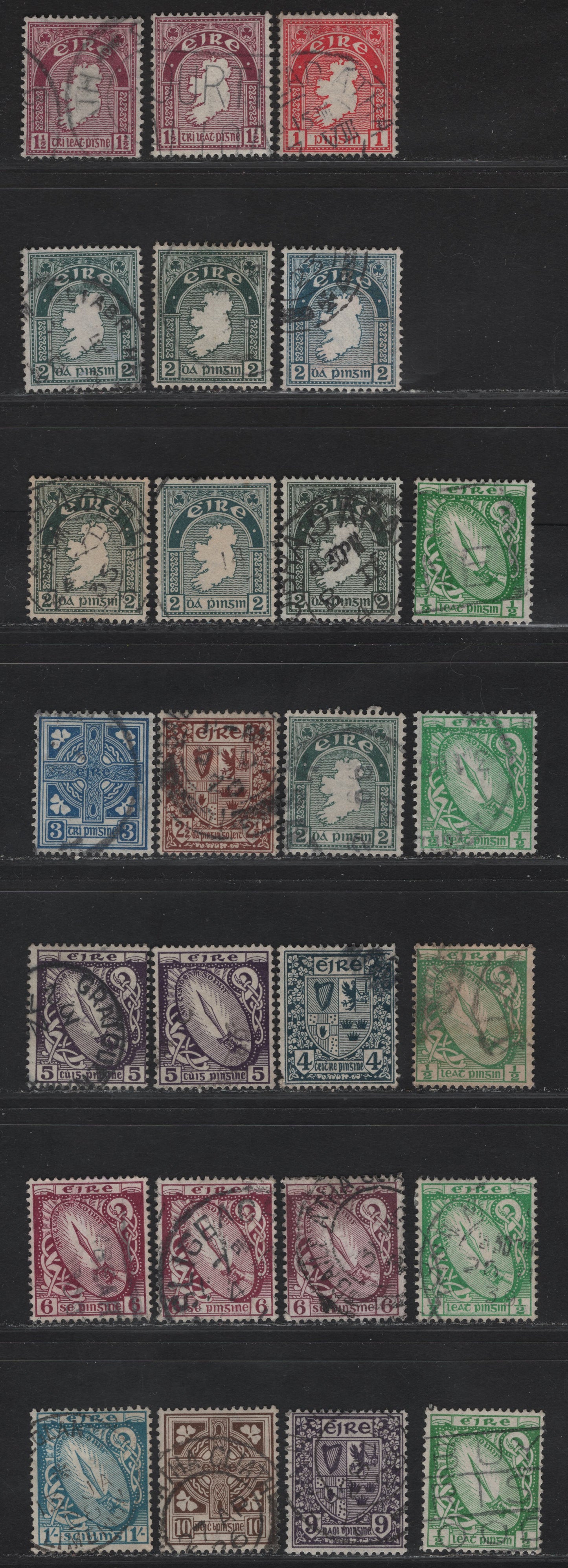Lot 93 Ireland SG#71-82 1/2d - 1/- Emerald - Light Blue Sword of Light, Maps, Cross & Arms, 1922-1934 Sword of Light, Maps, Cross & Arms Keyplates, 26 Fine/Very Fine Used Singles, Multiple SE Monogram Wmk, Additional Shades