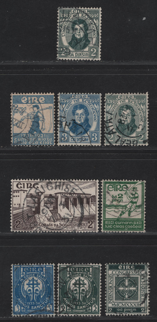 Lot 94 Ireland SG#89-90, 92-94, 96-98 2d Gray Green  - Emerald Catholic Emancipation - Golden Jubilee of Gaelic Athletic Assoc., 1929-1934 Catholic Emancipation - Golden Jubilee of Gaelic Athletic Assoc Issues, 8 Very Fine Used Singles