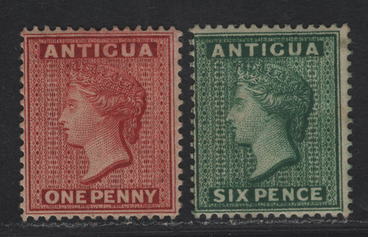 Lot 1 (C)  Antigua #25, 29 1d Carmine, 6d Deep Green, 1884-1887 Queen Victoria Courbould Heads Issue, Wmk Crown CA, 2 FOG Singles
