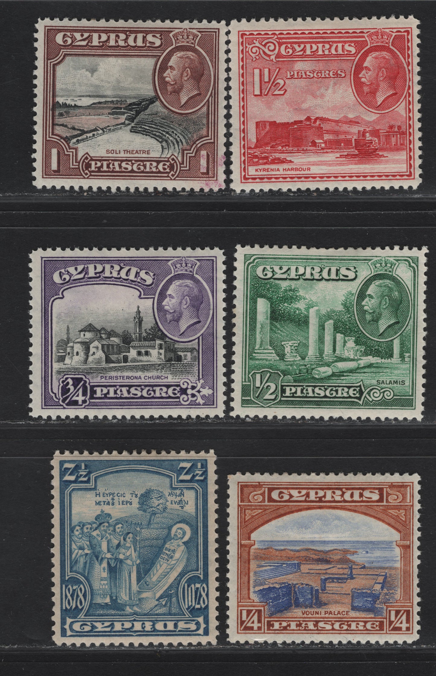 Lot 101 Cyprus SG#126, 133-137 2.5pi - 1.5pi Light Blue - Carmine Discovery of Boyd of St. Barnabus - Kyrenia Harbor, 1928-1934 50th Anniv of British Note - Pictorial Issues, 6 F/VFOG Singles, Small Smudge on 1pi