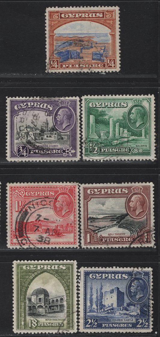 Lot 102 Cyprus SG#133-138, 142 1/4pi - 18pi Ultramarine & Orange Brown - Black & Olive Green Ruins of Vouni Palace - Buyuk Khan, 1934 Pictorial Issue, 7 Very Fine Used Singles, Key Value Is The 18pi