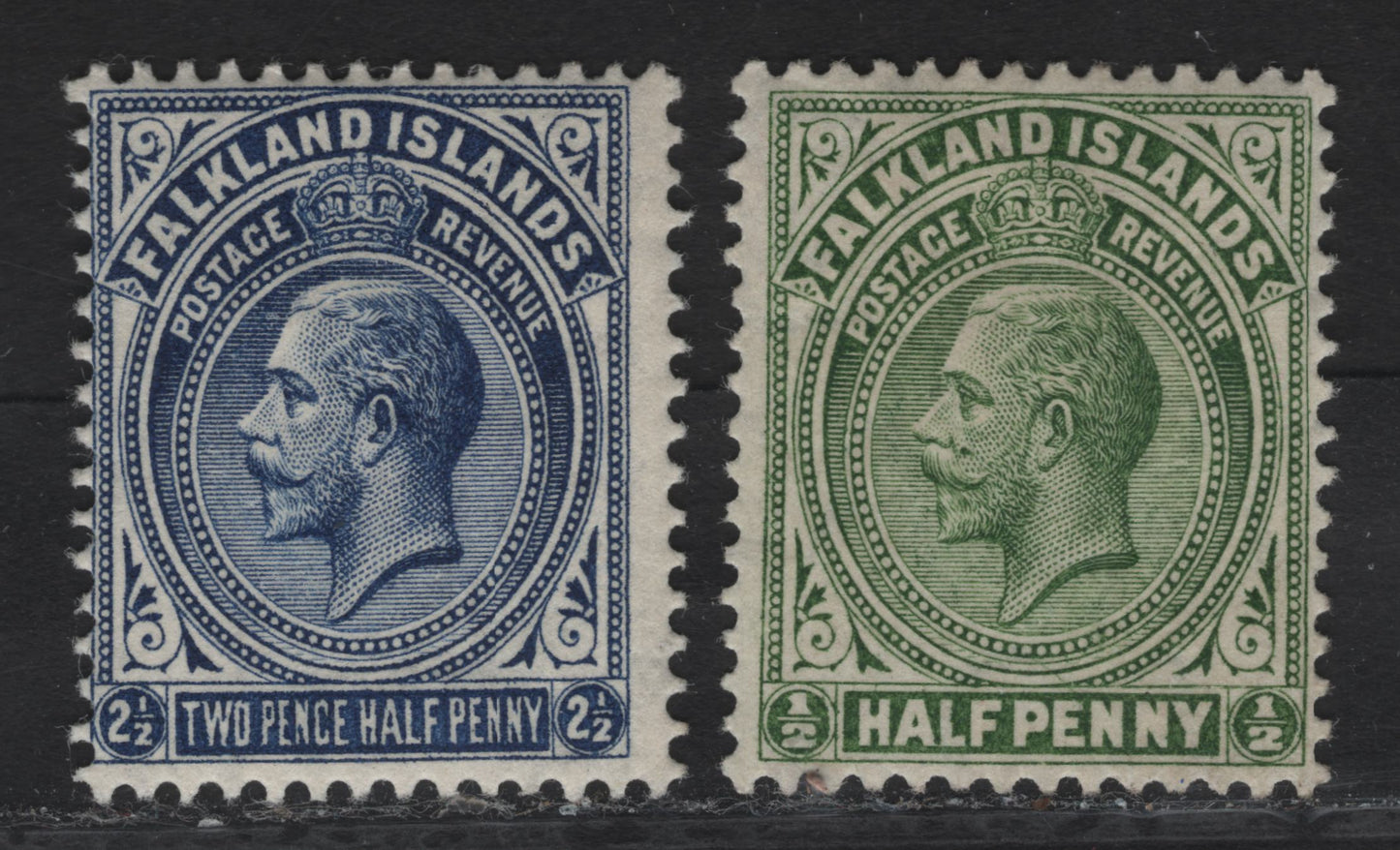 Lot 104 Falkland Islands SG#60, 63 1/2d - 2/5d Yellow Green - Deep Bright Blue King George V, 1912-1920 KGV Sidefaces Issue, 2 FOG Singles, Multiple Crown CA Wmk