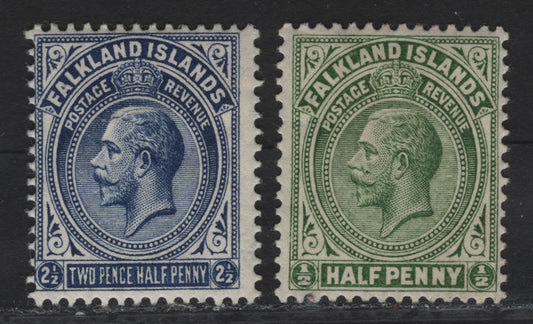 Lot 104 Falkland Islands SG#60, 63 1/2d - 2/5d Yellow Green - Deep Bright Blue King George V, 1912-1920 KGV Sidefaces Issue, 2 FOG Singles, Multiple Crown CA Wmk