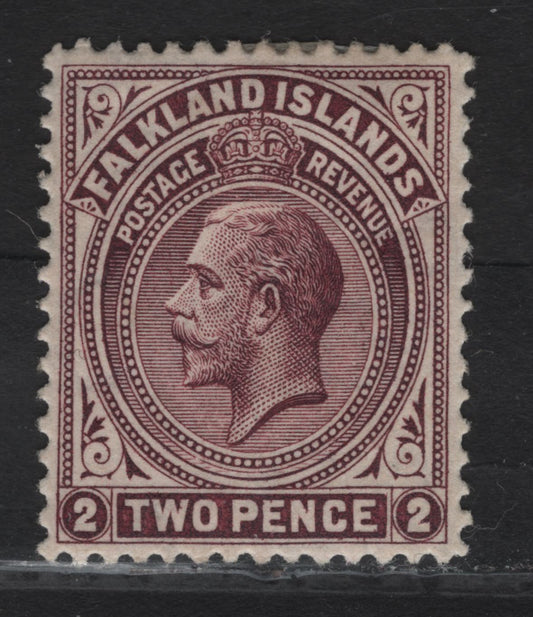 Lot 105 Falkland Islands SG#62b 2d Maroon King George V, 1912-1920 KGV Sidefaces Issue, A VFOG Single, Line Perf 14, Multiple Crown CA Wmk