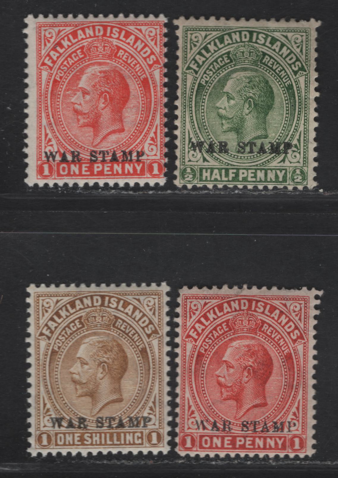Lot 107 Falkland Islands SG#70a, 71c, 72a 1/2d - 1/- Yellow Green - Pale Bistre Brown King George V, 1918-1920 KGV Sidefaces Issue, 3 F/VFOG Singles, Similar to Lot 106, But 1/2d is Fine