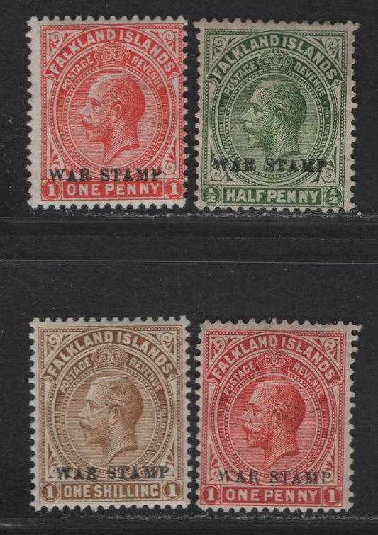 Lot 107 Falkland Islands SG#70a, 71c, 72a 1/2d - 1/- Yellow Green - Pale Bistre Brown King George V, 1918-1920 KGV Sidefaces Issue, 3 F/VFOG Singles, Similar to Lot 106, But 1/2d is Fine