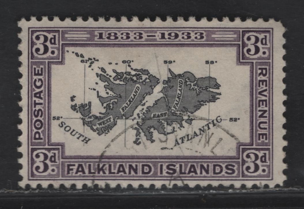 Lot 108 Falkland Islands SG#131 3d Black & Violet Map of Falkland Islands, 1933 Centenary of British Administration Issue, A Very Fine Used Single