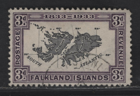 Lot 108 Falkland Islands SG#131 3d Black & Violet Map of Falkland Islands, 1933 Centenary of British Administration Issue, A Very Fine Used Single