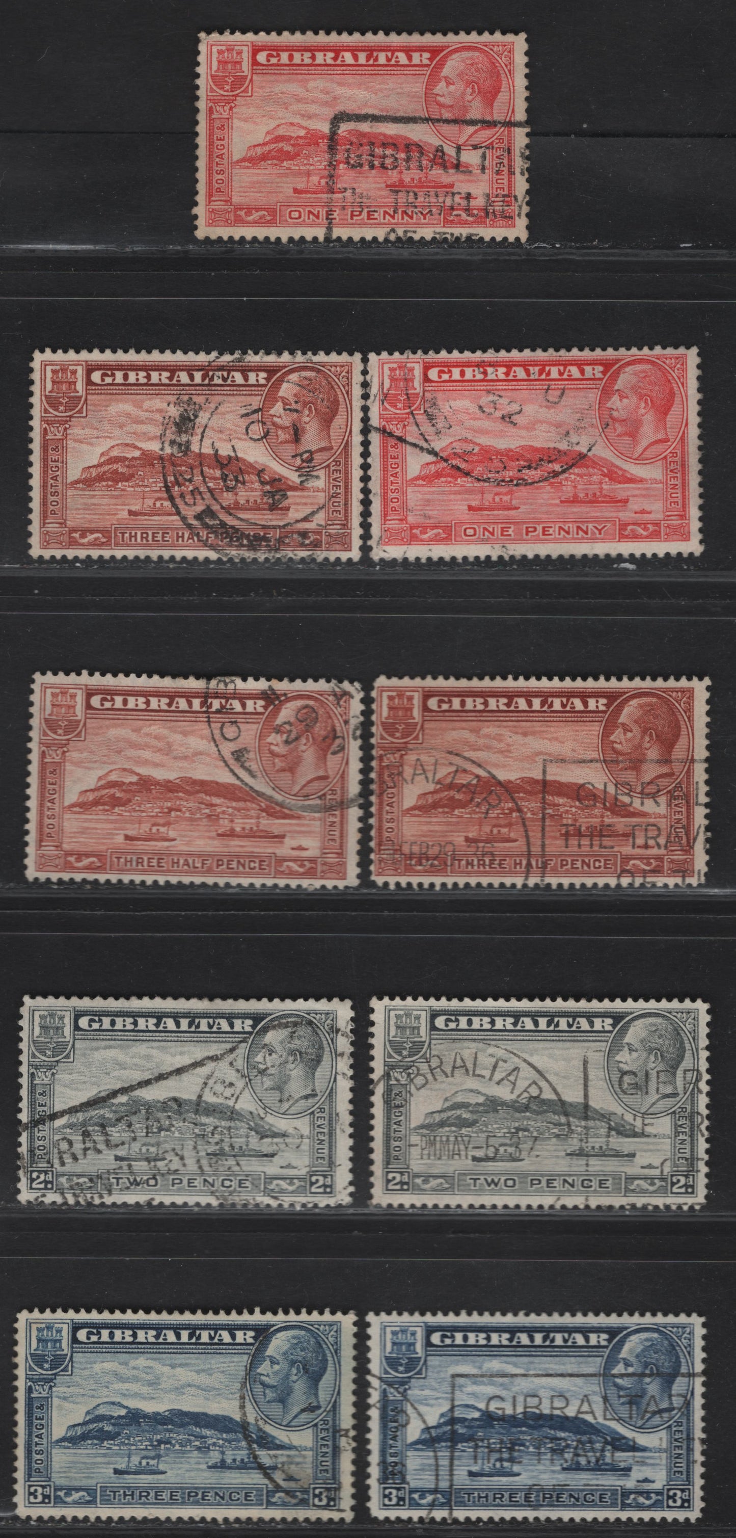 Lot 109 Gibraltar SG#110-111a, 112-a, 113 1d - 3d Carmine Red - Deep Blue Rock of Gibraltar, 1931-1933 KGV Rock of Gibraltar View Issue, 6 Fine/Very Fine Used Singles, Perf 14x13.5x14 on 1.5d& 2d, Perf 14 On Others