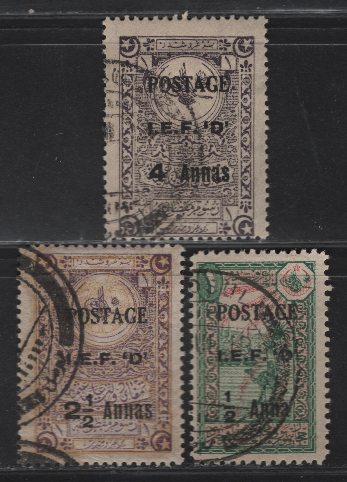 Lot 116 Iraq - Mosul SG#1, 4, 7 1/2a on 1pi - 4a on 1pi Green & Red - Deep Violet Pictorial, 1919 Overprinted Fiscal Issue, 3 Fine Used Singles, The 4a is Type 1