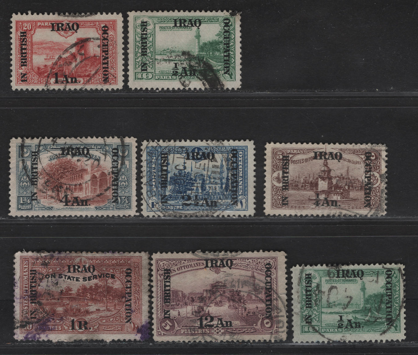 Lot 117 Iraq SG#1-3, 5, 7, 10, O32 1/4a on 5pa - 1r on 10pi Dull Purple -  Red-Brown Pictorials, 1918-1921 Overprinted Pictorial Issue of Turkey, 8 Fine/Very Fine Used Singles