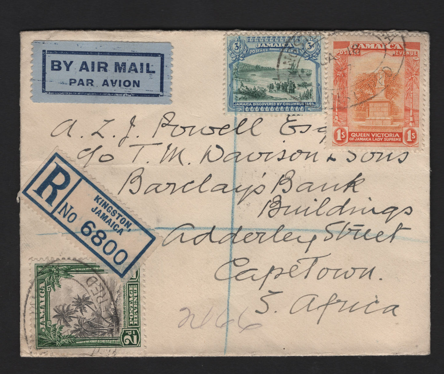 Lot 118 (C) Jamaica SG#99, 102, 111 3d - 2d Myrtle Green - Black & Green Landing of Columbus - Coco Palms, 1921-1929 Pictorial Issue, A Very Fine Used Cover, Franked With 3 Singles, Script CA Wmks, 1937 Registered Airmail Cover To Capetown.