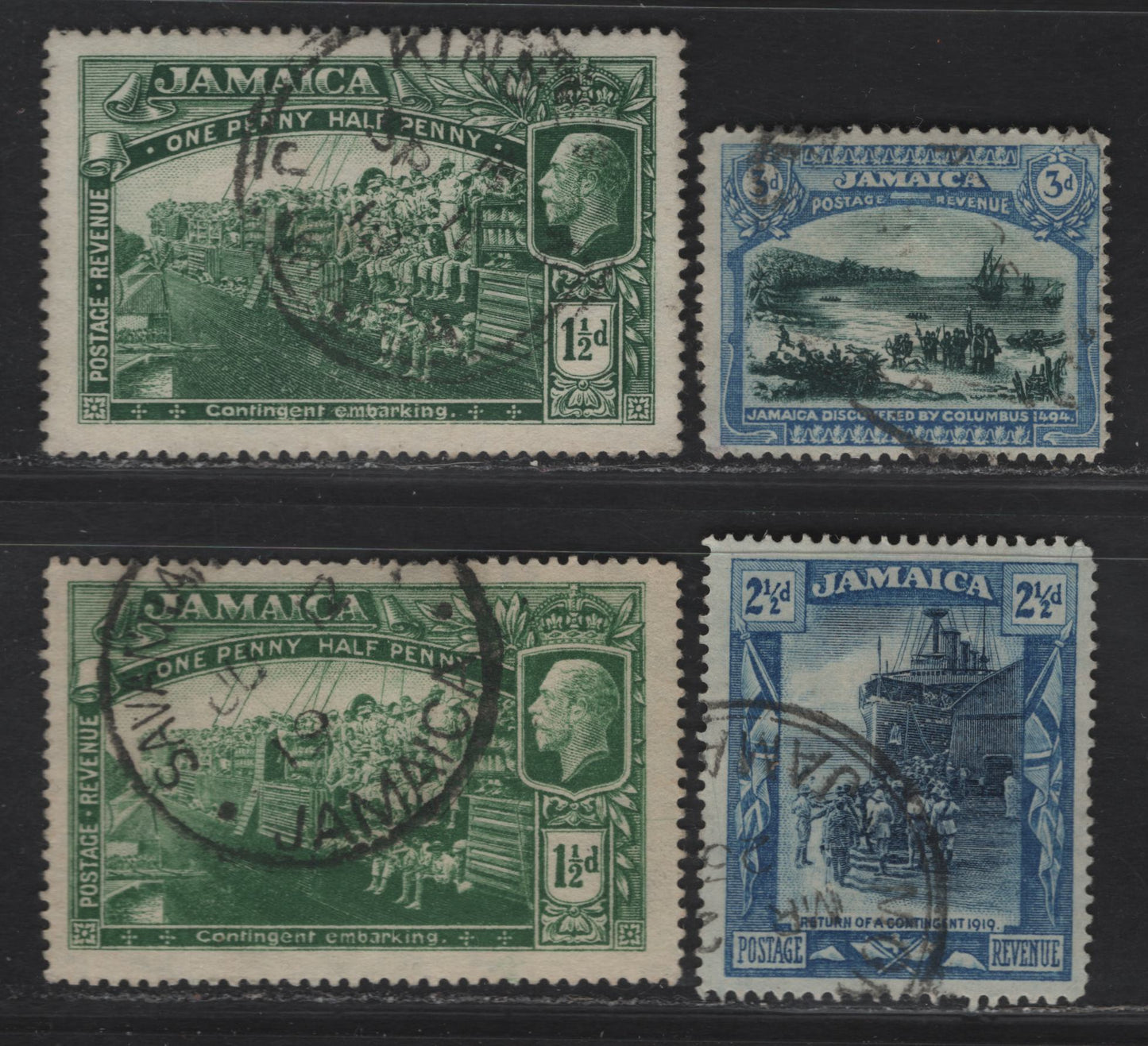 Lot 120 Jamaica SG#80, 82-83 1.5d -3d Green & Deep Green - Myrtle Green & Blue , 1919-1921 Pictorial Issue, 4 Fine/Very Fine Used Singles, Additional Shades, Multiple Crown CA Wmk