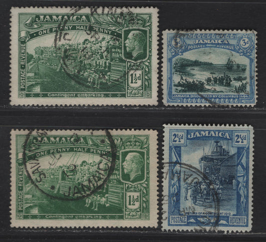 Lot 120 Jamaica SG#80, 82-83 1.5d -3d Green & Deep Green - Myrtle Green & Blue , 1919-1921 Pictorial Issue, 4 Fine/Very Fine Used Singles, Additional Shades, Multiple Crown CA Wmk