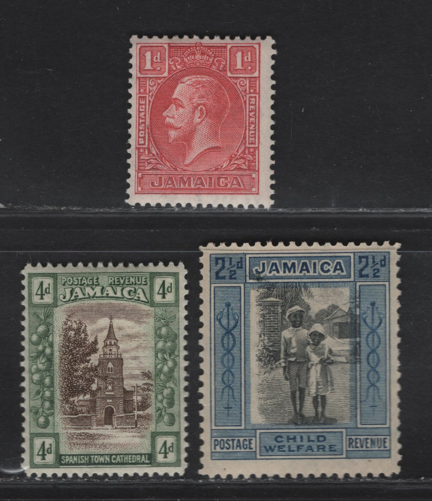 Lot 121 Jamaica SG#107c, 110a, 108a 4d - 1d Chocolate & Dull Green - Scarlet Cathedral - King George V, 1921-1929 Pictorial - King George V Issues, 3 F/VFOG Singles