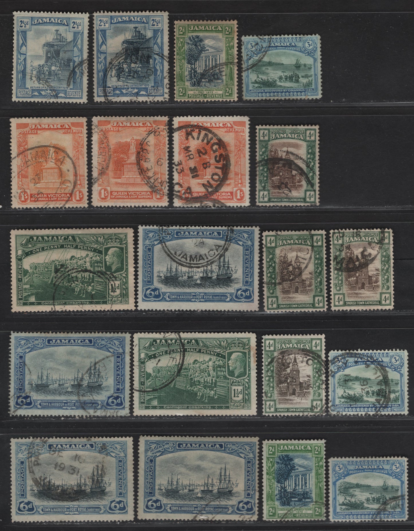 Lot 122 Jamaica SG#96-97a, 98-a, 99-a, 100-a, 101-a, 102-a 1.5d - 1/- Green - Orange & Red Orange War Contingent Embarking - Statue of Queen Victoria, 1921-1939 Pictorial Issue, 20 Fine/Very Fine Used Singles