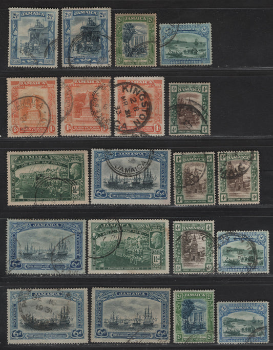 Lot 122 Jamaica SG#96-97a, 98-a, 99-a, 100-a, 101-a, 102-a 1.5d - 1/- Green - Orange & Red Orange War Contingent Embarking - Statue of Queen Victoria, 1921-1939 Pictorial Issue, 20 Fine/Very Fine Used Singles