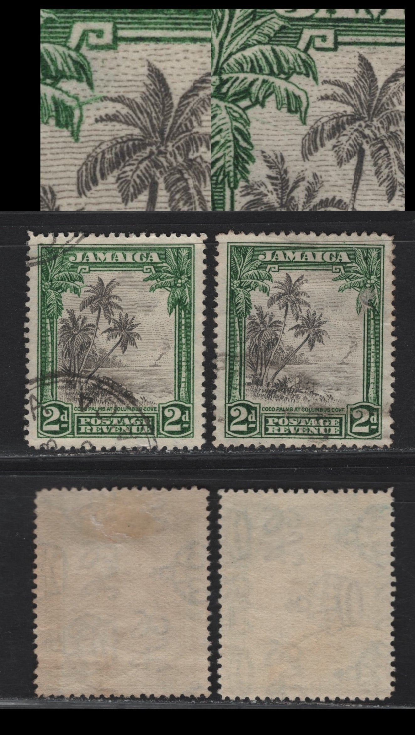 Lot 124 Jamaica SG#111var 2d Gray & Bright Green - Gray & Deep Green Coco Palms, 1932 Pictorial Issue, 2 Fine/Very Fine Used Singles, Unlisted Plate Flaws