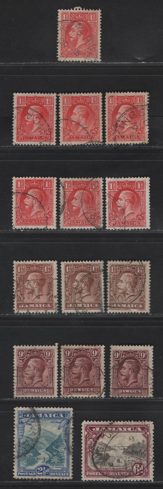 Lot 125 (C) Jamaica SG#108-a, 109-110, 112-113 1d - 6d Scarlet - Gray Black & Purple King George V - Priestman's River, 1929-1932 KGV Sidefaces & Pictorial Issues, 15 Fine/Very Fine Used Singles, Additional Shades