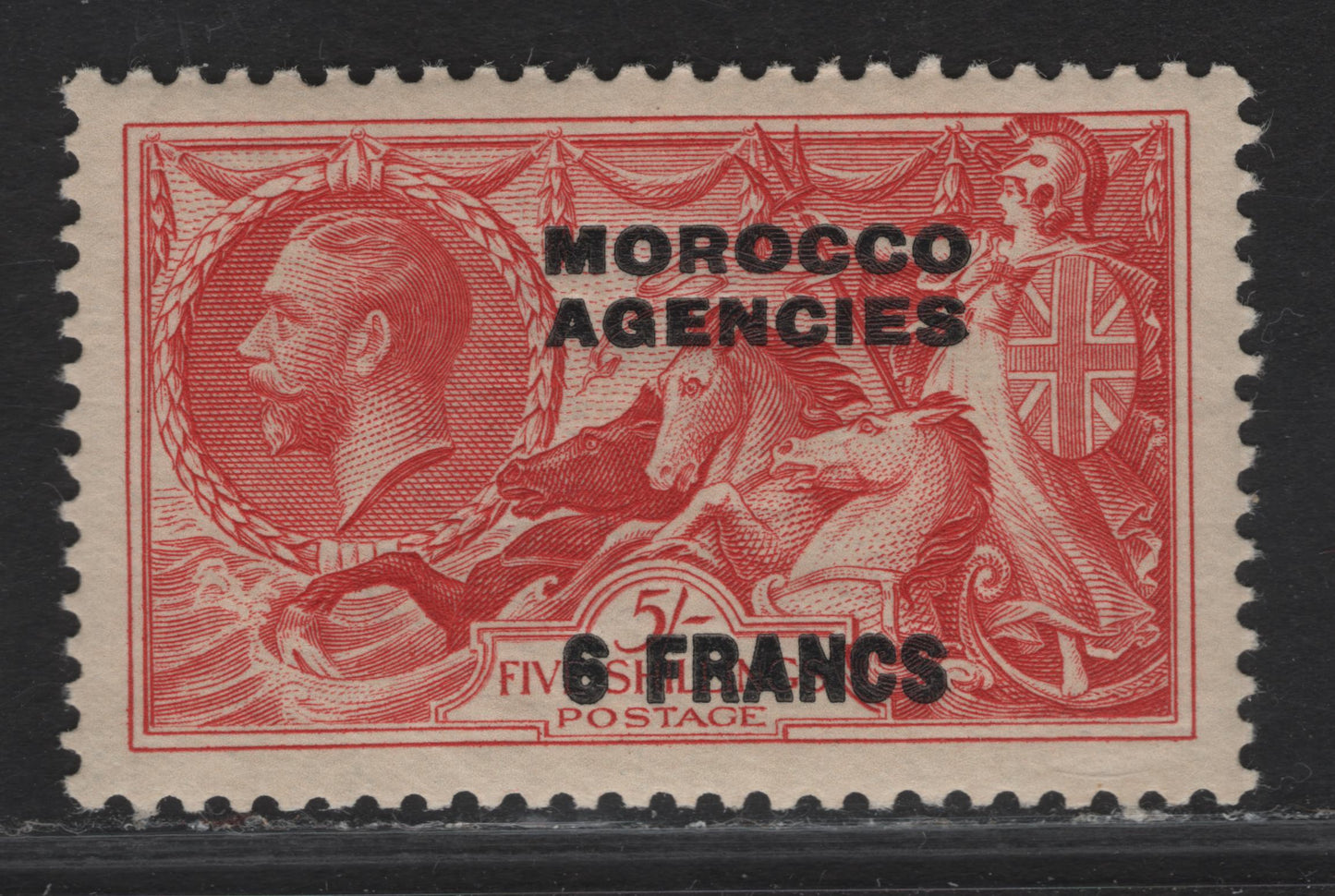Lot 129 Morocco Agencies SG#226 6fr on 5/- Bright Rose Red Seahorses, 1935-1936 Pictorial Issue, A VFOG Single, Waterlow Re-engraved