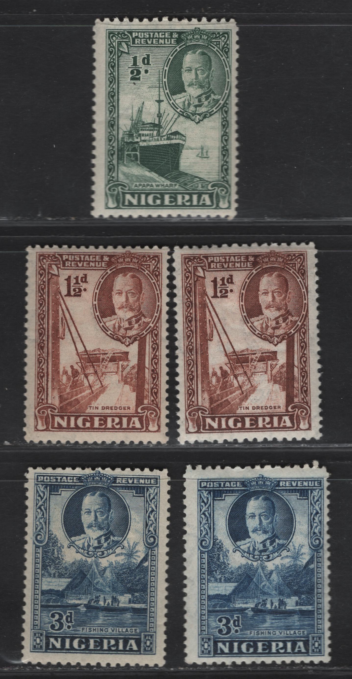 Lot 130 Nigeria SG#34, 36-a, 38 1/2d - 3d Dull Green - Blue Apapa Wharf - Fishing Village, 1938-1951 Pictorial Issue, 5 F/VFOG Singles, 1.5d Includes Both Perf 11.5x13 & 12.5x13.5