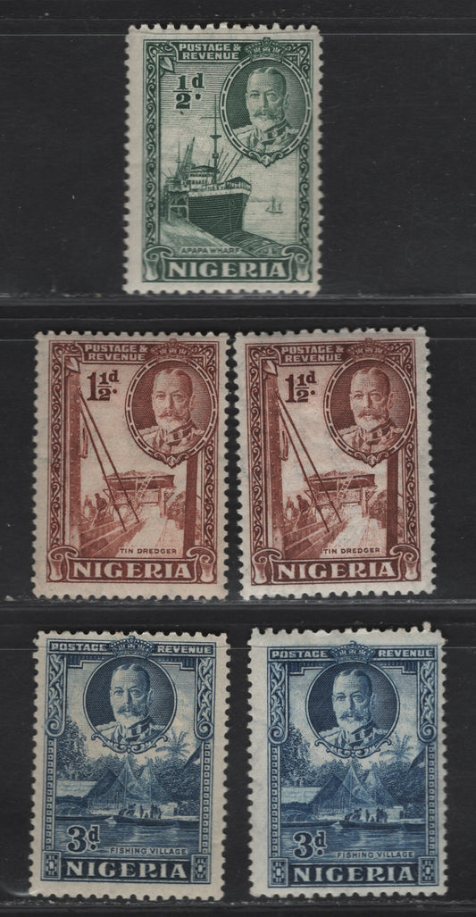 Lot 130 Nigeria SG#34, 36-a, 38 1/2d - 3d Dull Green - Blue Apapa Wharf - Fishing Village, 1938-1951 Pictorial Issue, 5 F/VFOG Singles, 1.5d Includes Both Perf 11.5x13 & 12.5x13.5