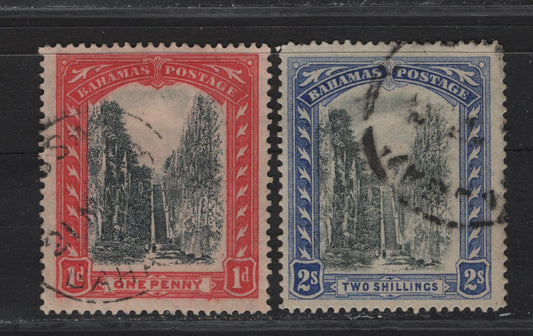 Lot 13 Bahamas #111, 113 1d Grey & Rose-Red & 2/- Black & Blue, 1921-1929 Queen's Staircase Designs, Wmk Script CA Issue, 2 Fine Used Singles