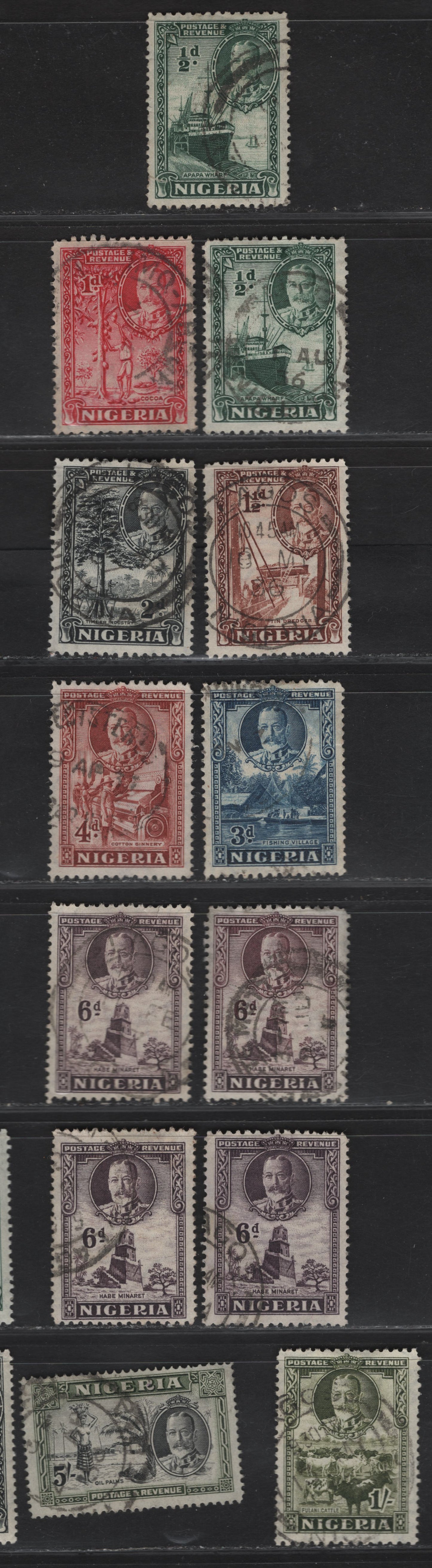 Lot 132 Nigeria SG#34-41, 43 1/2d - 5/- Dull Green - Black & Olive Green Apapa - Oil Palms, 1938-1951 Pictorial Issue, 11 Fine/Very Used Singles, Includes Extra Shades Of 1/2d & 6d