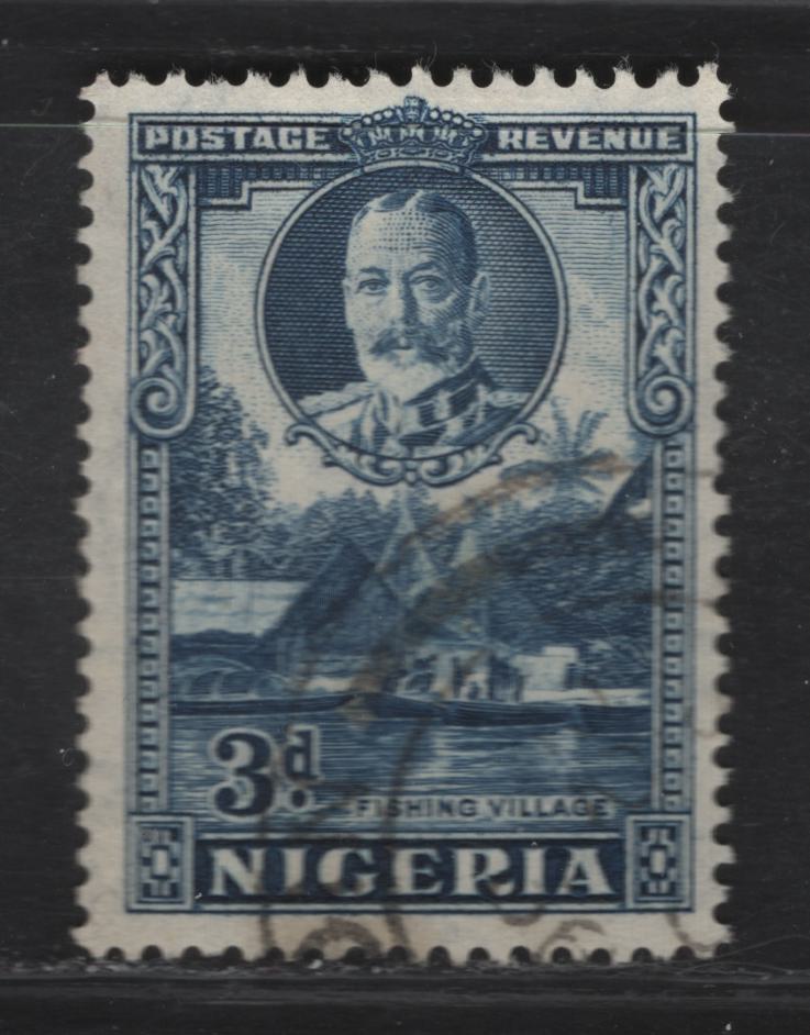 Lot 133 Nigeria SG#38a 3d Blue Fishing Village, 1938-1951 Pictorial Issue, A Fine Used Single, Scarce Perf 12.5x13.5