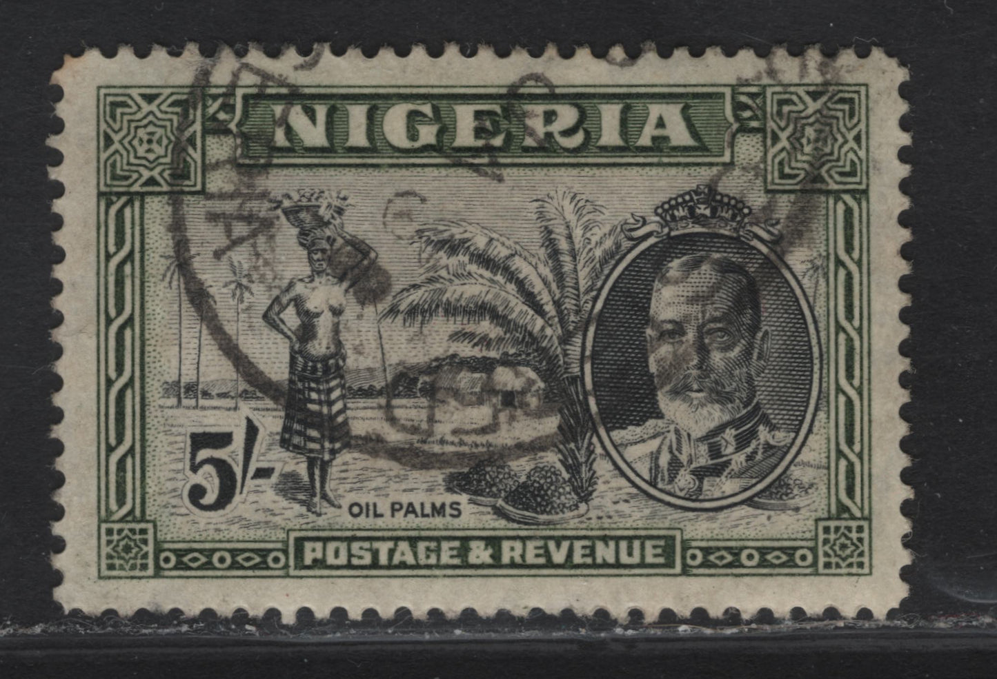 Lot 135 Nigeria SG#43 5/- Black & olive Green Oil Palms, 1938-1951 Pictorial Issue, A Very Fine Used Single