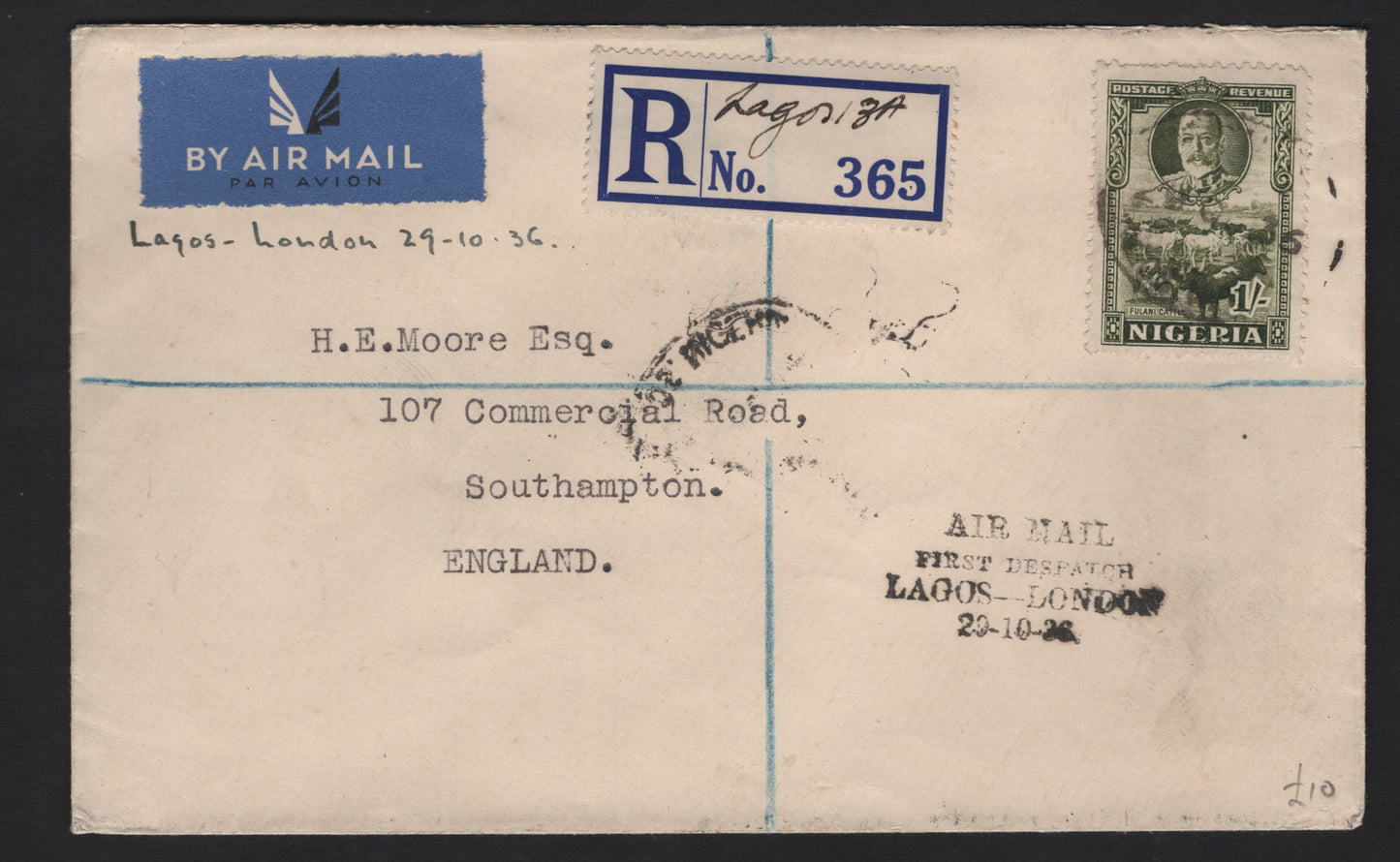 Lot 136 Nigeria SG#41 1/- Sage Green Fulani Cattle, 1938-1951 Pictorial Issue, A Very Fine Used Cover, Franked With Single, First Flight Registered Cover to London, Sent October 29, 1936.