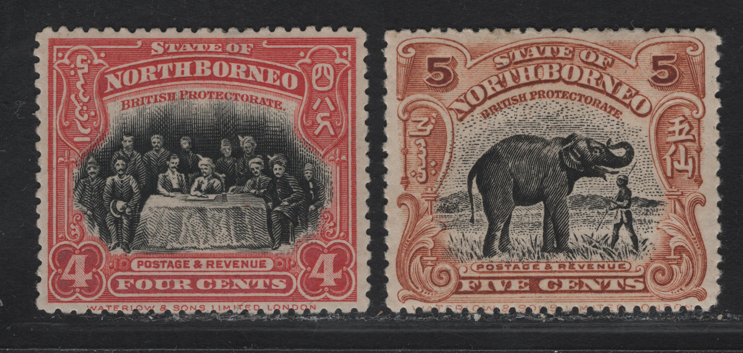 Lot 139 Northern Borneo SG#164-165 4c - 5c Black & Scarlet - Yellow Brown & Black The Sultan Of Sulu - Indian Elephant, 1909-1923 Pictorial Issue, 2 VFOG Singles, Perf 13.5x14