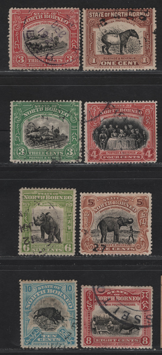 Lot 140 Northern Borneo SG#159, 161, 163-165, 168-169, 172 1c - 10c Brown & Black - Black & Turquoise Blue Malayan Tapir - Wild Boar, 1909-1923 Pictorial Issue, 8 Fine/Very Fine Used Singles