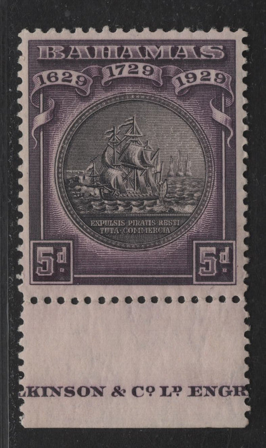 Lot 14 Bahamas #128 5d Black & Deep Purple, 1930 Tercentenary Of Colony Issue, A VFOG Single With Imprint